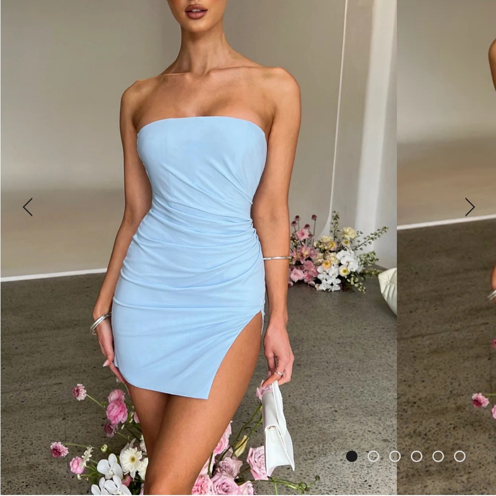 Light blue strapless high slit mini dress